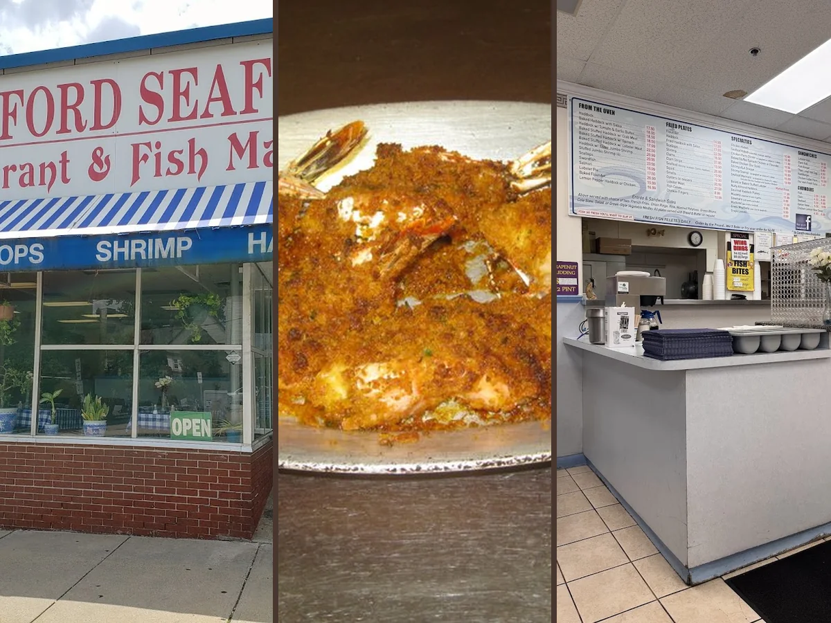 A casual seafood counter with takeout containers.