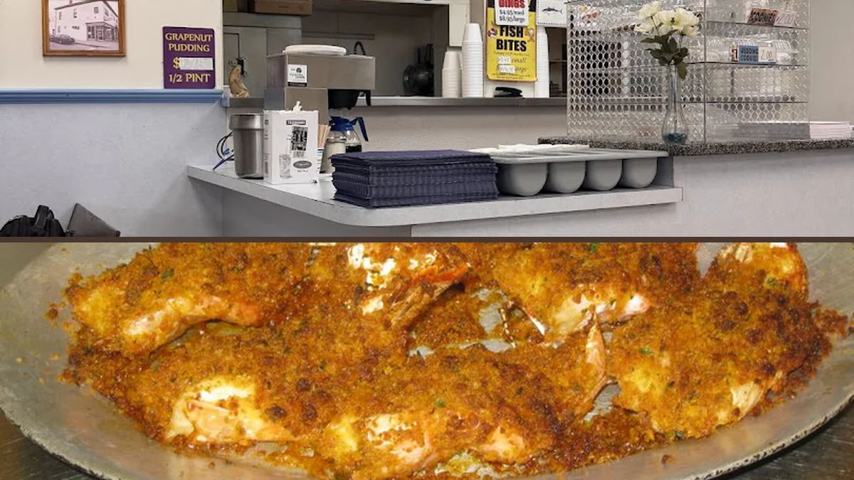 Counter-serve seafood plates on a simple tray.