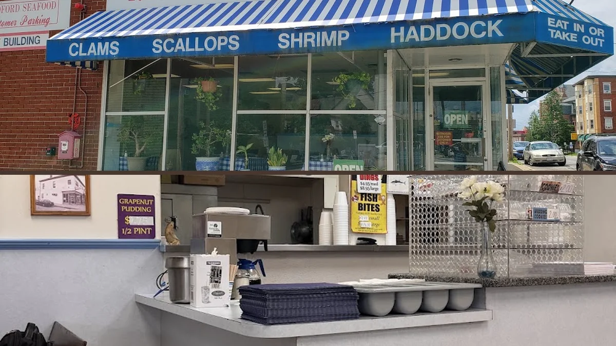 A casual seafood counter with takeout containers.