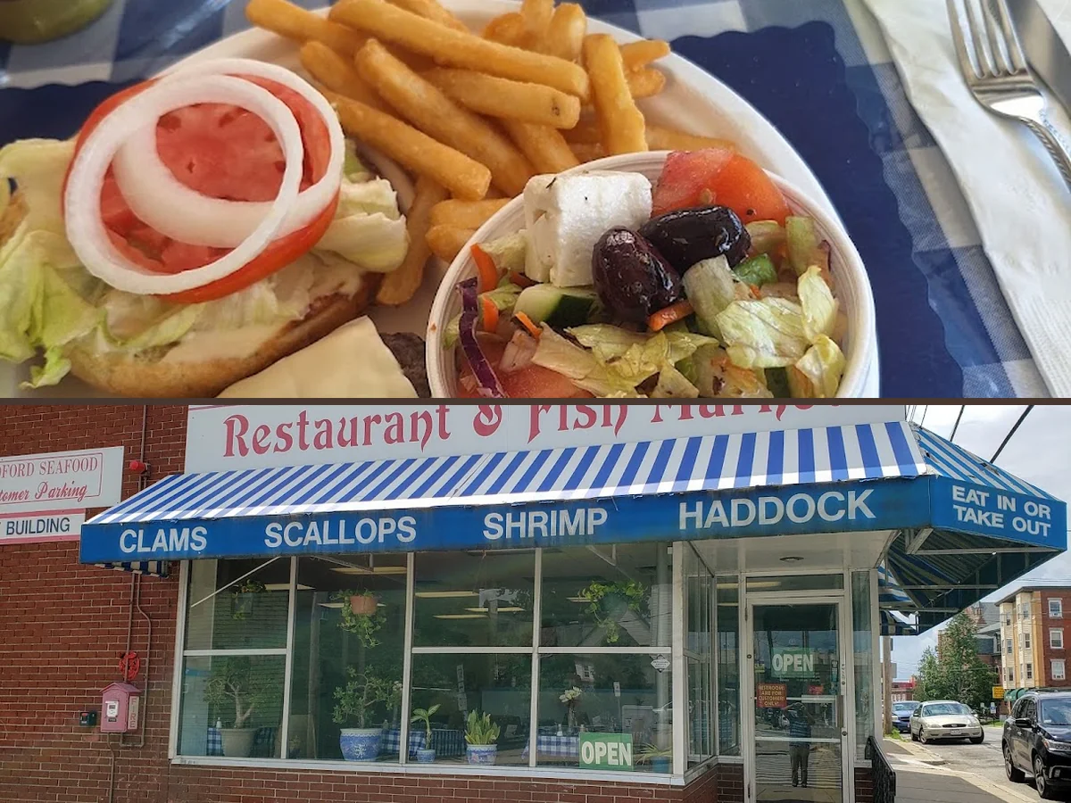 Fried shrimp and haddock beside onion rings.